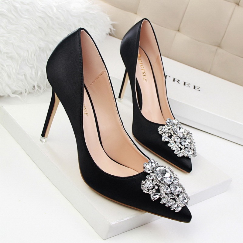 516-5 Korean Style Rhinestone Women's Shoes with Thin Heels, Sexy and Slimming, Shallow Pointed Toe, Shiny Rhinestone Buckle Single Shoes