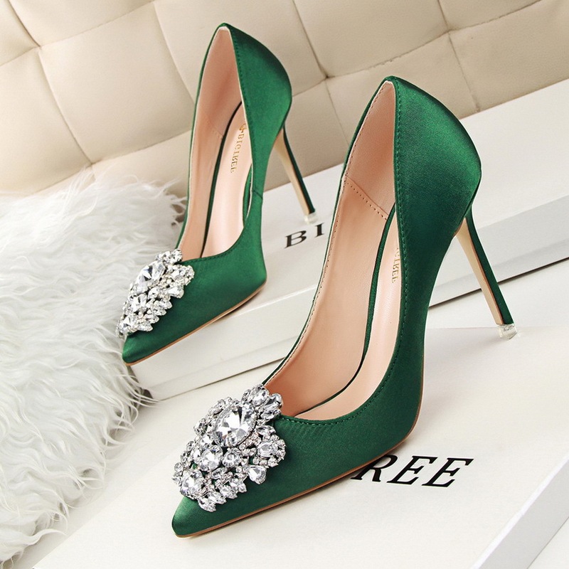 516-5 Korean Style Rhinestone Women's Shoes Stiletto High Heels Sexy Slimming Look Shallow Mouth Pointed Toe Shiny Rhinestone Buckle Flats