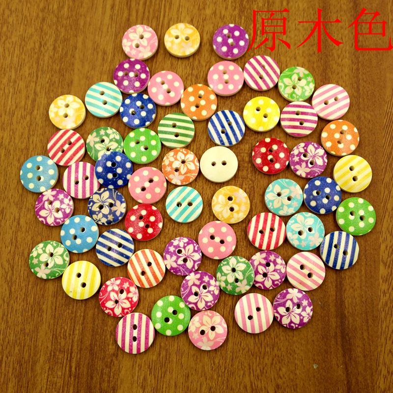 DIY accesorios hechos a mano 15mm lunares rayas flores y plantas mezcladas botones redondos de dos ojos botones de madera 100