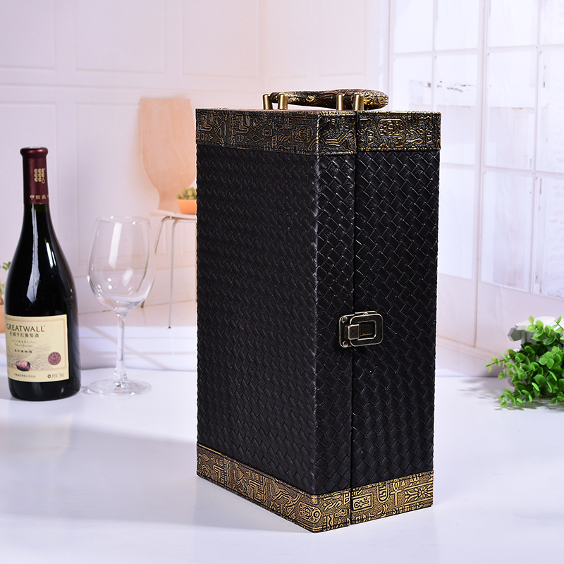 厂家现货仿古金格子纹拼色红酒皮盒 可定手提葡萄酒礼品盒子批发