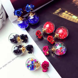 韩国东大门耳饰夏季玫瑰花朵玻璃球设计感水钻耳钉透明水晶球耳环