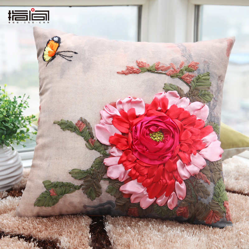 Nueva cinta de seda bordado funda de almohada hecha a mano material de bricolaje paquete cojín cubierta sala de estar tridimensional Cruz puntada entrega de una sola pieza