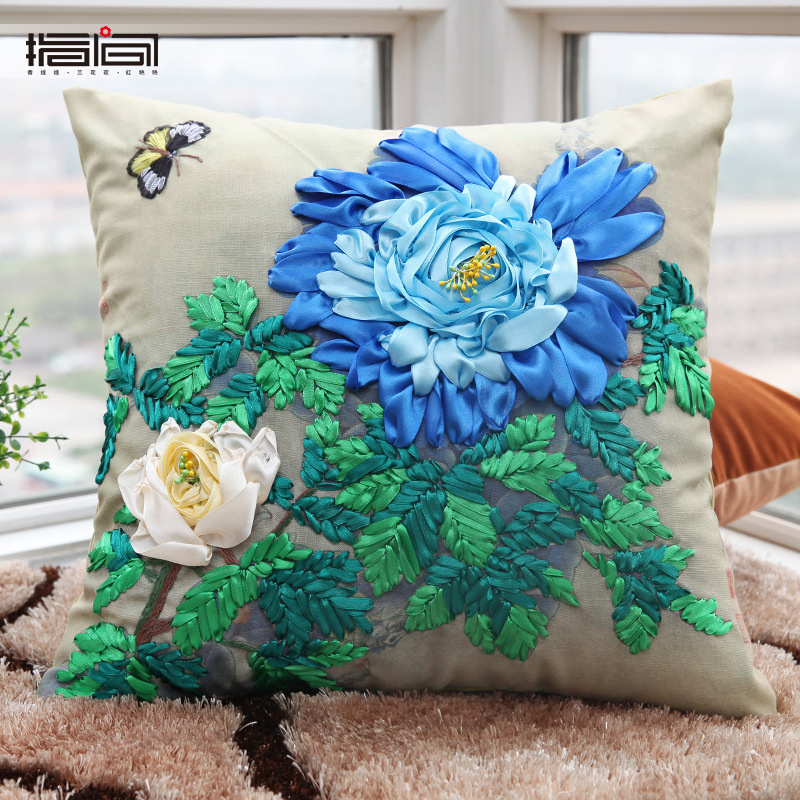 Nueva cinta de seda bordado funda de almohada hecha a mano material de bricolaje paquete cojín cubierta sala de estar tridimensional Cruz puntada entrega de una sola pieza