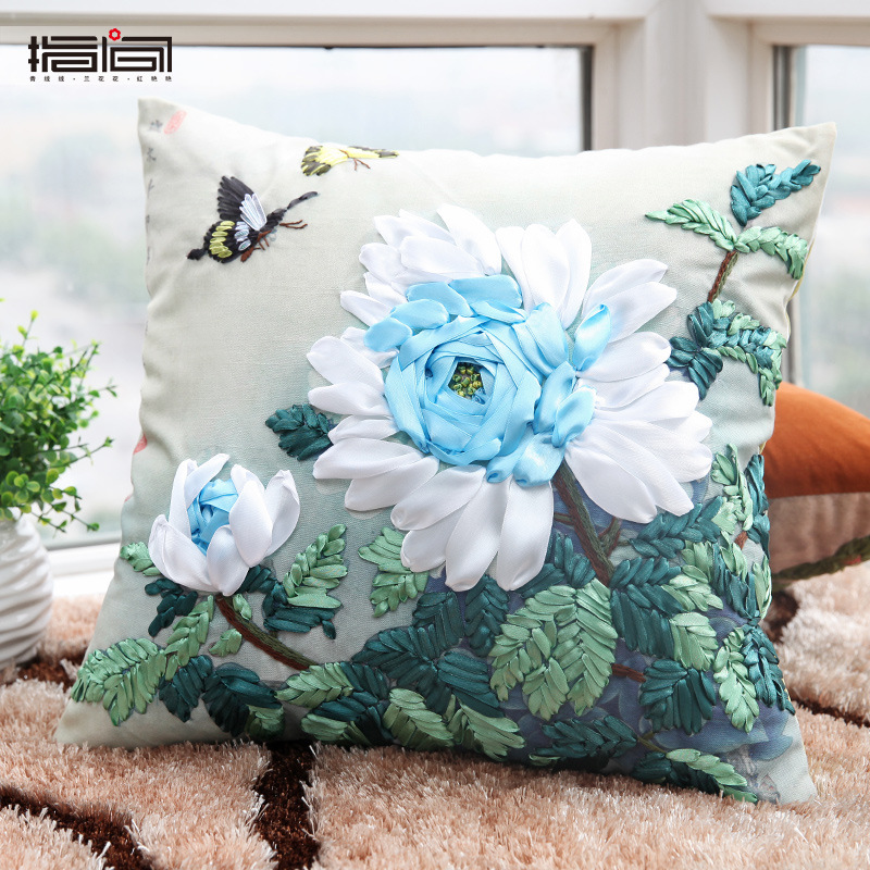 Nueva cinta de seda bordado funda de almohada hecha a mano material de bricolaje paquete cojín cubierta sala de estar tridimensional Cruz puntada entrega de una sola pieza