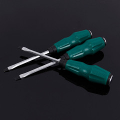 Green handle alloy steel screwdriver, hammering screwdriver, 4-inch and 6-inch flathead and Phillips screwdrivers.