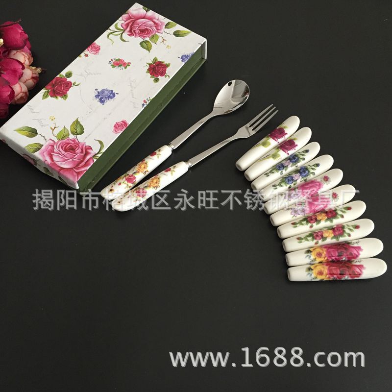 小额批发 韩式创意玫瑰花礼品礼盒餐具 两件套 水果叉 不锈钢勺子