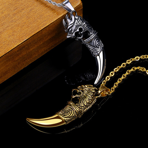Directly approved by jewelry manufacturers, European and American foreign trade fashion jewelry, retro titanium steel men's wolf tooth pendant necklace