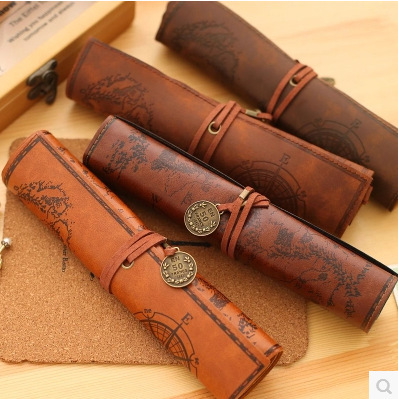 Creative Treasure Map Retro Canvas Leather Large Capacity Rolling Pencil Bag Cute Simple Stationery Box Rolling Pencil Bag