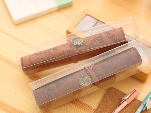 Creative Treasure Map Retro Canvas Leather Large Capacity Rolling Pencil Bag Cute Simple Stationery Box Rolling Pencil Bag