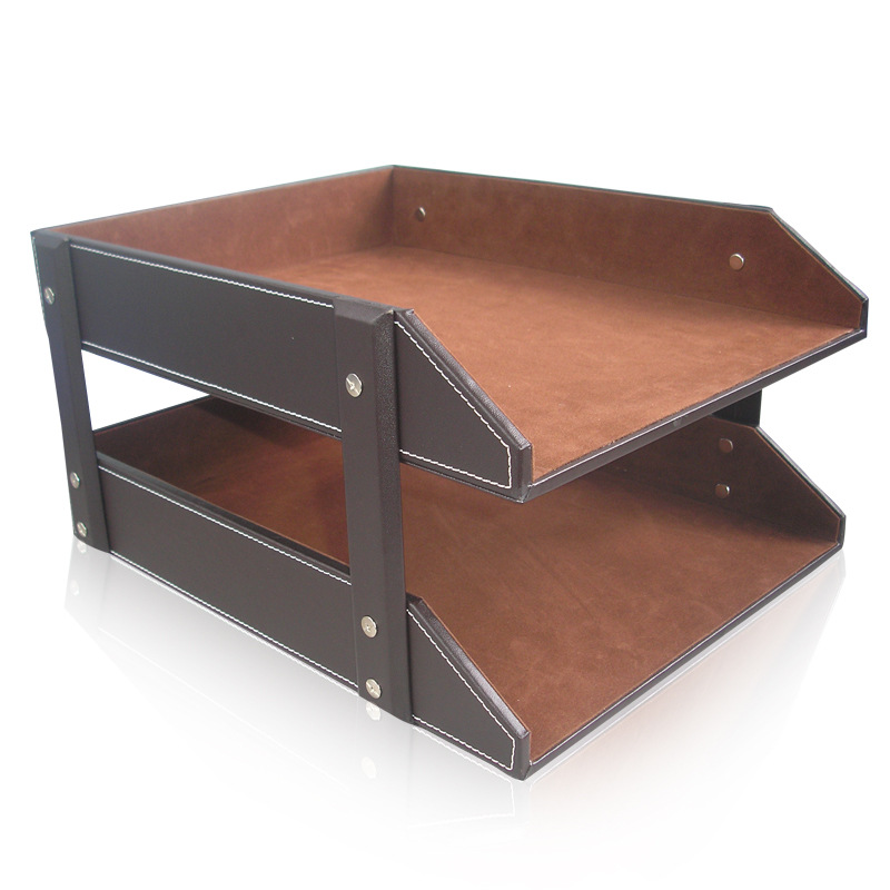 Estante para archivos A4 de doble capa de cuero, soporte para documentos, bandeja para archivos de escritorio, estante de almacenamiento, soporte para archivos creativo, papelería, lujo ligero.