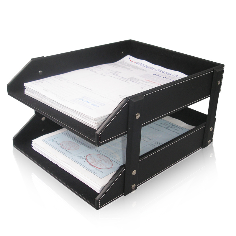 Estante para archivos A4 de doble capa de cuero, soporte para documentos, bandeja para archivos de escritorio, estante de almacenamiento, soporte para archivos creativo, papelería, lujo ligero.