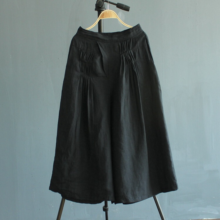 P9206- Ramie Cotton Pinched Gauze Culottes Women's Wide-Leg Pants Accordion Asymmetrical Folded Three-Quarter Culottes