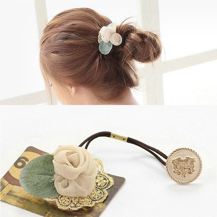 Corea del Sur nuevo tocado de gasa Rosa Botón de encaje banda de Pelo elástico cuerda de pelo de cristal tocado Flor al por mayor completa al por mayor