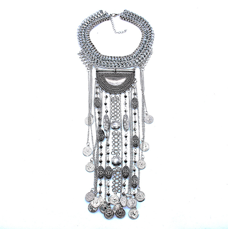 Exaggerated Crystal Gemstone Multi-layer Coin Tassel Necklace_voghion.com