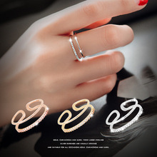 s925纯银戒指 双层镶钻开口戒指 女简约韩版纯银饰品批发小众个性