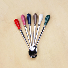 供應陶瓷帶不鏽鋼勺子 咖啡勺 牛奶杯勺子 批發