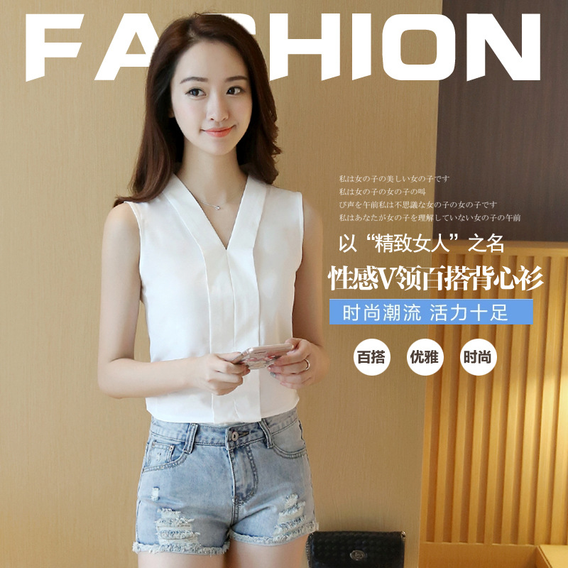 A generation of summer Korean sleeveless V-neck large size chiffon shirt Women's loose slim small fresh white shirt