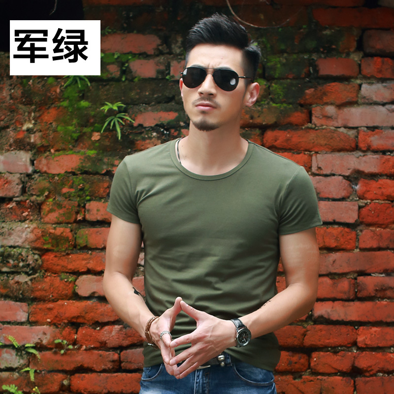 Camiseta de manga corta de los hombres cuello redondo Camiseta blanca pura Slim color sólido abajo media manga ropa de hombre de verano al por mayor