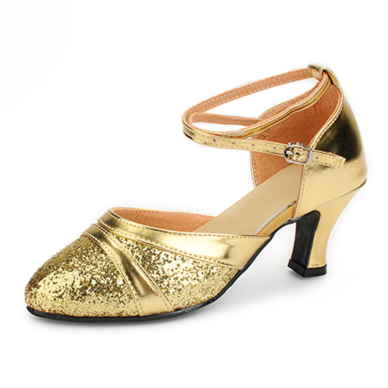 Nuevos zapatos de baile latino adultos mediados talón zapatos de baile de fondo suave zapatos de baile de las mujeres zapatos modernos de baile cuadrado flash lentejuelas de oro