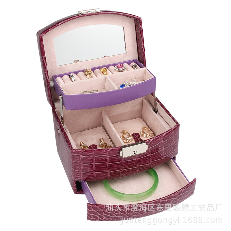 鳄鱼纹三层半自动饰品盒 便携式珠宝首饰包装盒 韩版pu皮革首饰盒