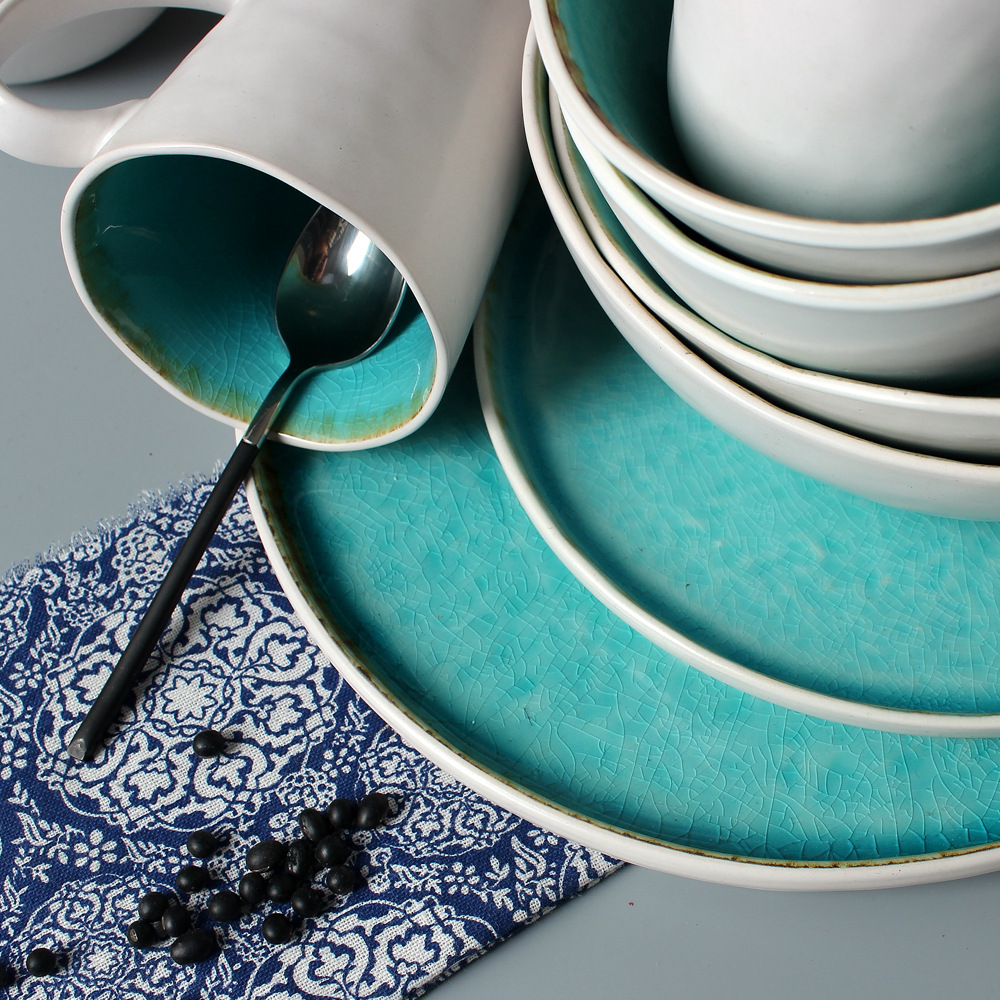 Suministro directo de cerámica azul hielo grieta plana placa redonda en forma especial ensaladera taza hotel restaurante vajilla mesa
