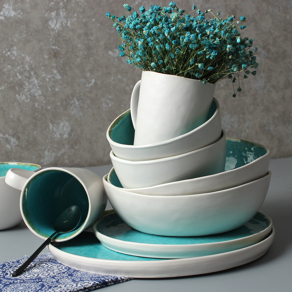 Suministro directo de cerámica azul hielo grieta plana placa redonda en forma especial ensaladera taza hotel restaurante vajilla mesa