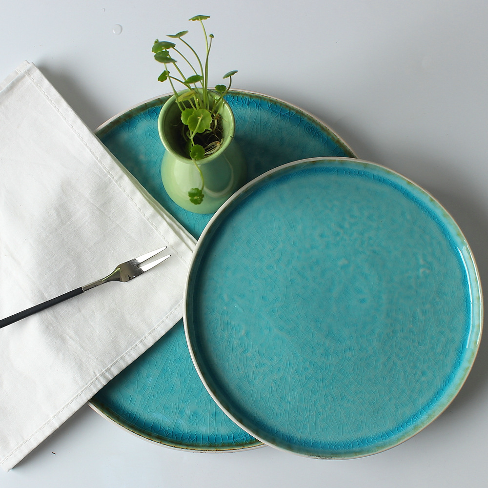 Suministro directo de cerámica azul hielo grieta plana placa redonda en forma especial ensaladera taza hotel restaurante vajilla mesa