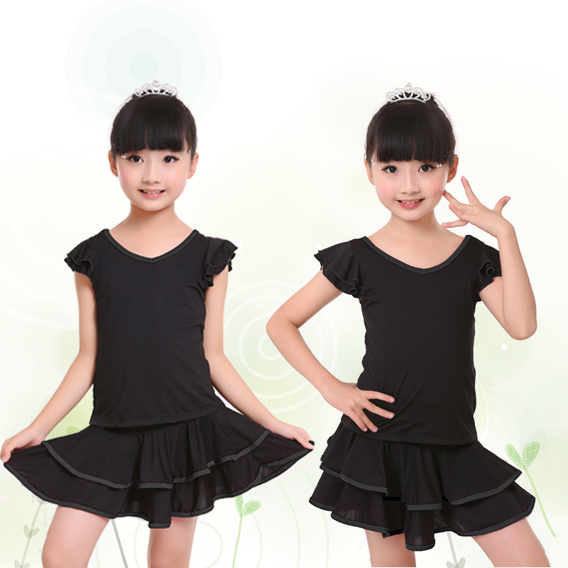 En stock de los niños traje de manga corta Doble cuello en V falda Latina delgada los niños ropa práctica de la danza