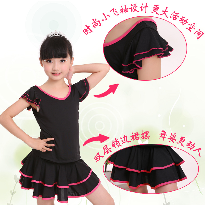 En stock de los niños traje de manga corta Doble cuello en V falda Latina delgada los niños ropa práctica de la danza