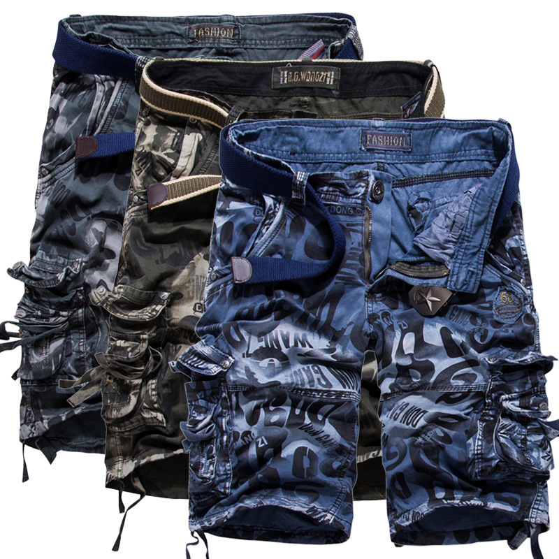 Aliexpress Hot Sale European and American Large Size Men's Washed Multi-Flap Pocket Pants Camouflage Mid-Pants Men's Beach Pants Five-Quarter Pants Batch