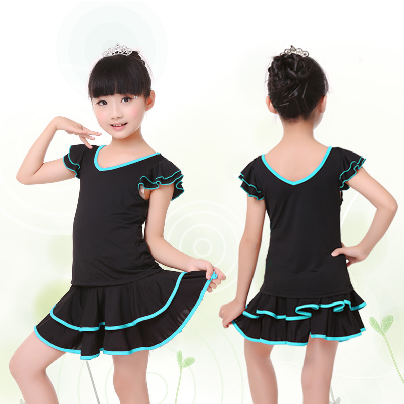En stock de los niños traje de manga corta Doble cuello en V falda Latina delgada los niños ropa práctica de la danza