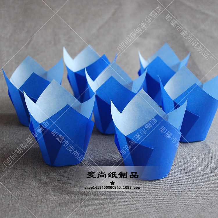 Europeo de papel azul tulipán pastel de papel taza de papel pan titular Cupcake hornear taza de papel llama muffin taza de papel