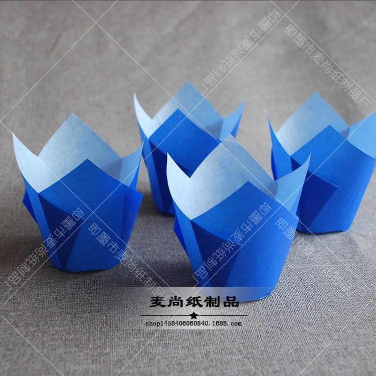 Europeo de papel azul tulipán pastel de papel taza de papel pan titular Cupcake hornear taza de papel llama muffin taza de papel