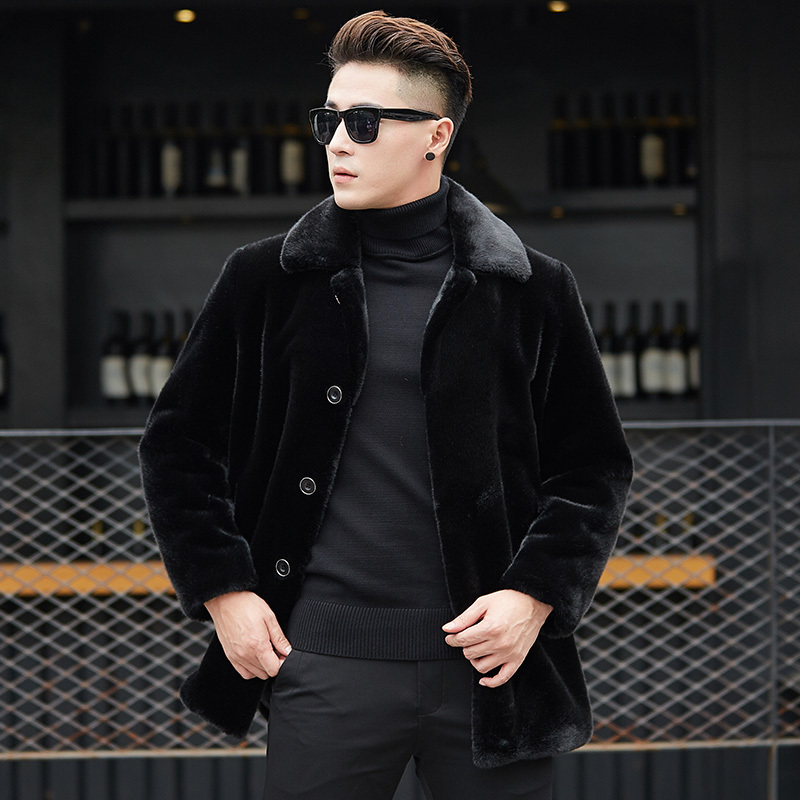 High quality faux mink fur coat mid-length men's lapel button mink fur coat faux mink fur thickened