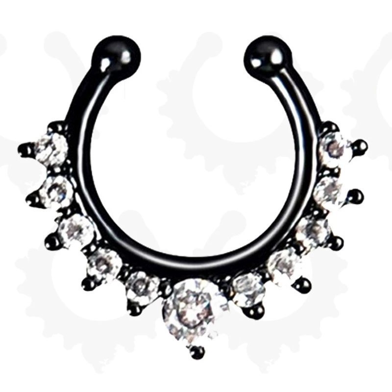 Metal nose clip piercing, alloy with rhinestones, 17×15 mm, lightweight 1,2 g