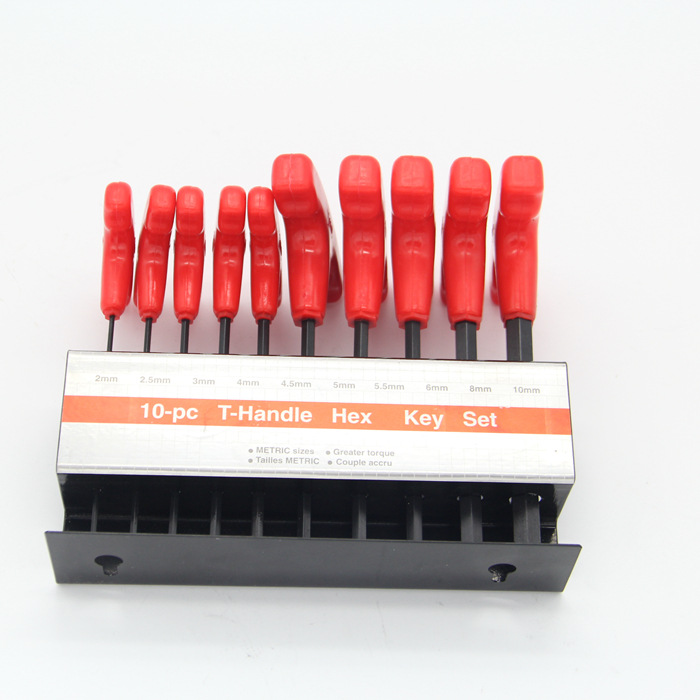 T型内六角扳手平头握把拐杖加长扳红色手柄扳手10件套铁盒底座组