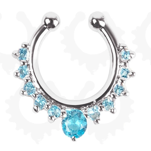 Metal nose clip piercing, alloy with rhinestones, 17×15 mm, lightweight 1,2 g