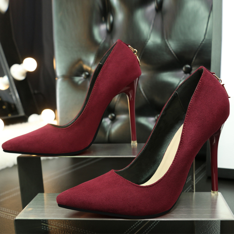 8915-2# European and American style fashion simple fine heel high heel suede shallow pointed D Buckle sexy women's shoes