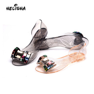 HeLi Shark Summer New Fish Mouth Transparent Bottom Rhinestone Sandals Women's Fashionable Flat Casual Daily Beach Sandals