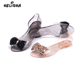 Heli Shark New Transparent Sandals Women's Summer Flat Jelly Shoes Glass Diamond Bow Fashion Shoes Plastic Fish Mouth Shoes