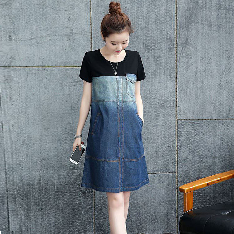 Papaya Milk Summer New Korean Style Slim Fit Mid-Length Casual Cotton Short-Sleeved Spliced Denim Dress Trendy Papaya Milk Summer New Korean Style Slim Fit Mid-Length Casual Cotton Short-Sleeved Spliced Denim Dress Trendy