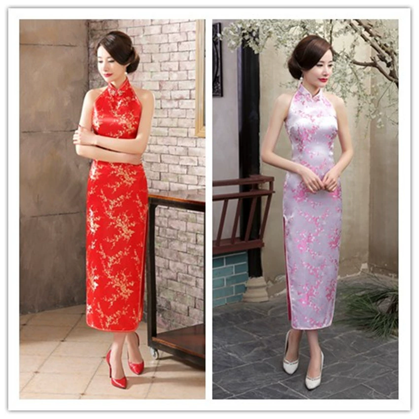 Розовый Cheongsam Длинный тканый парчовый Cheongsam Split Cheongsam Performance T-Show Вечерняя Вечеринка Cheongsam Slim-Fit Ретро с открытой спиной