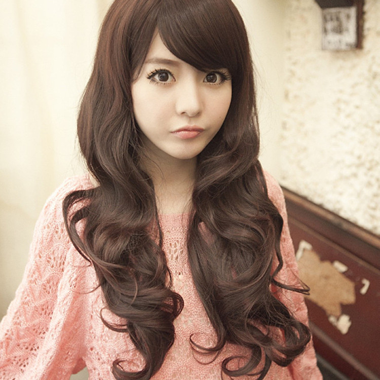 Wig oblique bangs long curly hair Korean quality high temperature silk full top wig professional wig manufacturers wholesale