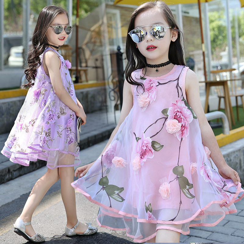 Vestido de gasa para niñas 2024 nuevo verano floral estilo occidental para niños medio y grande Vestido de playa para niños chaleco Falda larga moda