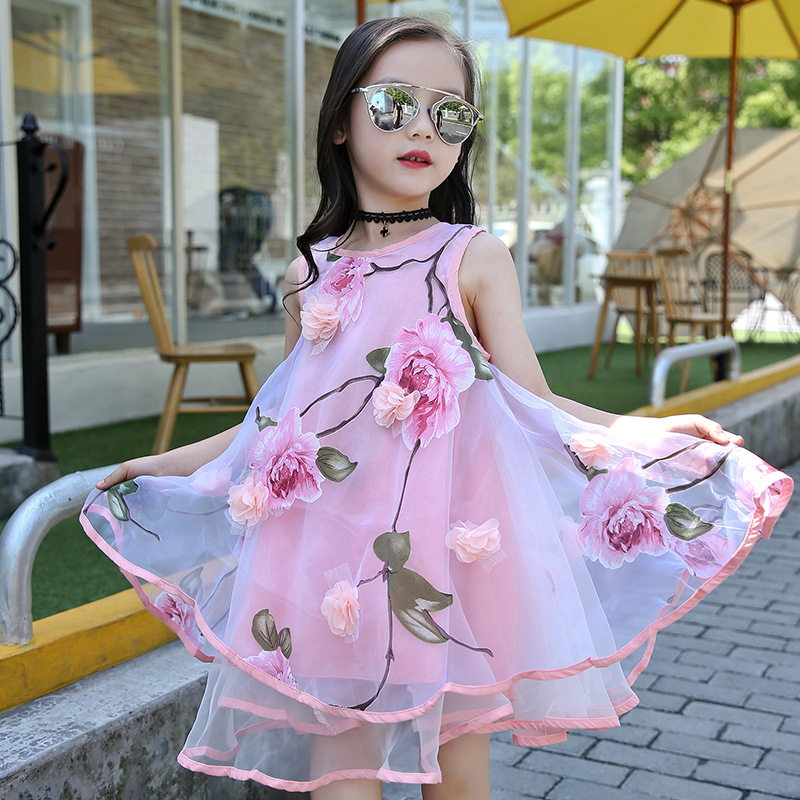 Vestido de gasa para niñas 2024 nuevo verano floral estilo occidental para niños medio y grande Vestido de playa para niños chaleco Falda larga moda