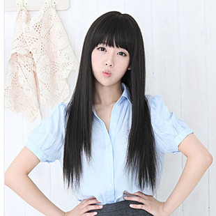 Long straight straight bangs long hair wig women's fluffy temperament long straight hair wig real wig set Wholesale