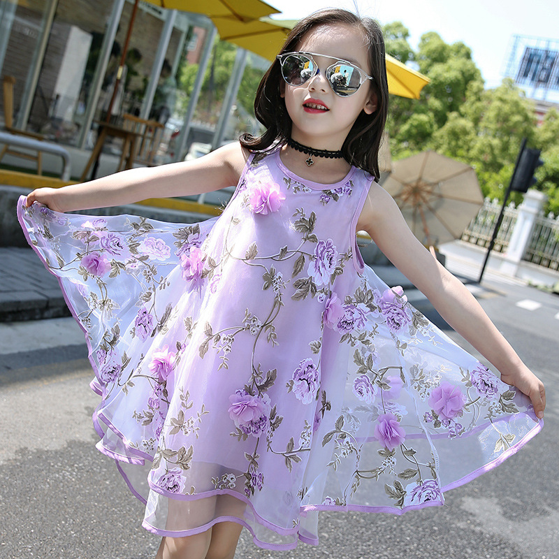 Vestido de gasa para niñas 2024 nuevo verano floral estilo occidental para niños medio y grande Vestido de playa para niños chaleco Falda larga moda