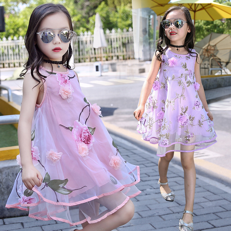 Vestido de gasa para niñas 2024 nuevo verano floral estilo occidental para niños medio y grande Vestido de playa para niños chaleco Falda larga moda