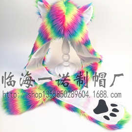跨境欧美仿皮草帽子围巾手套一体动物帽毛绒帽子毛绒帽冬季万圣节