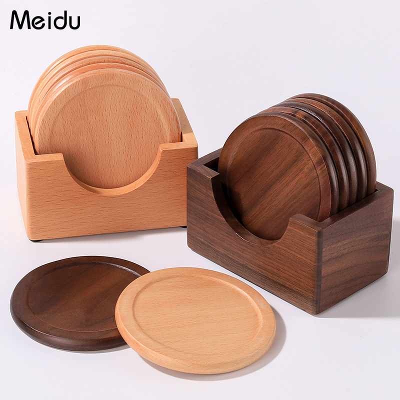 Black Walnut Wood Coaster Set Japanese Style Solid Wood Tea Cup Mat Storage Tea Set Tea Ceremony Accessories Wooden Heat Insulation Mat Tea Holder